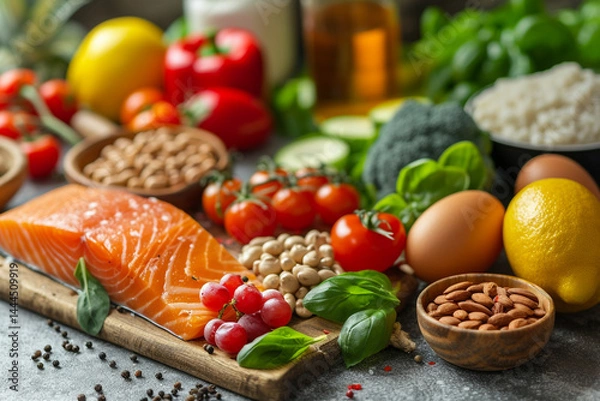 Fototapeta Vintage boards display the concept of heart and cholesterol diet with a focus on healthy food   