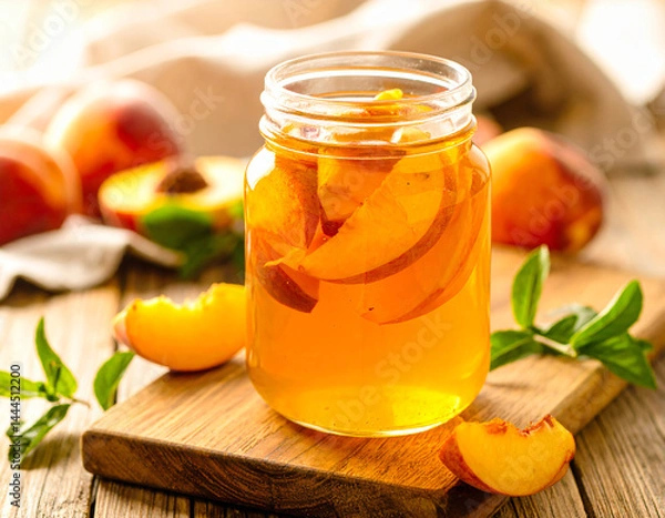 Fototapeta Peach Honey Tea in Clear Glass Jar