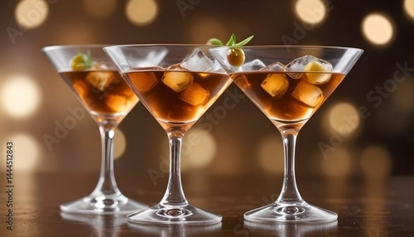 Fototapeta Three expertly crafted martinis with olives and ice, perfect for a sophisticated celebration.