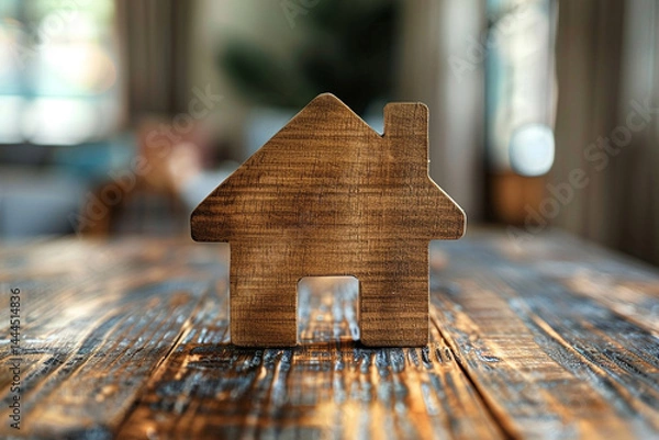 Fototapeta wooden house sign symbol on wooden table adds a touch of authenticity and warmth, perfectly capturing essence of real home interest concepts    