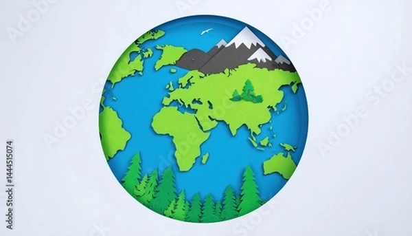 Obraz Paper Craft World Map Illustration Showing Green Continents Mountains and Forests Earth Day Concept