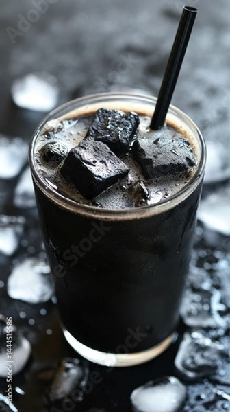 Fototapeta Dark drink with charcoal ice cubes in a glass.
