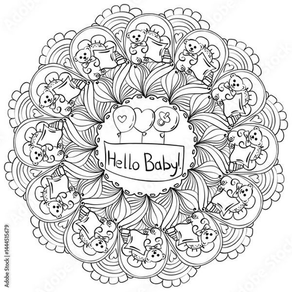 Obraz Contour mandala with greeting for baby, meditative coloring page for baby shower party or holiday activity