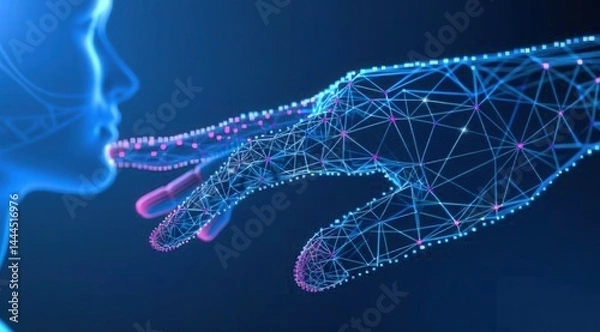 Fototapeta Futuristic digital interaction between a human-like figure and a robotic hand in a tech-themed environment