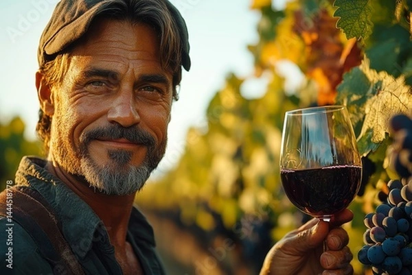 Fototapeta Winemaker tasting red wine in vineyard at sunset