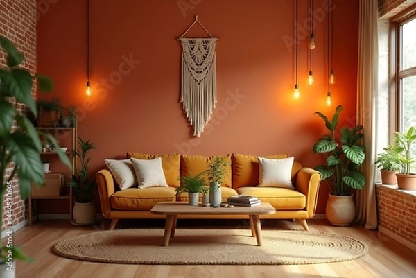 Obraz Bohemian Living Room Interior with Orange Walls, Yellow Sofa, Plants, Macrame Wall Hanging, and Exposed Edison Bulbs                                  