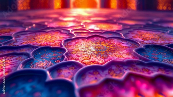 Obraz Close-up of a digitally rendered mosaic featuring vibrant jewel tones and intricate floral patterns.  The design evokes a luxurious, almost ethereal, aesthetic.