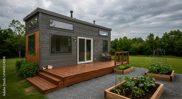 Obraz Compact Modern Tiny House Design With Raised Garden Beds And Wooden Deck