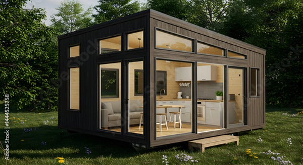 Obraz Modern Tiny House Design With Spacious Interior And Greenery Exterior