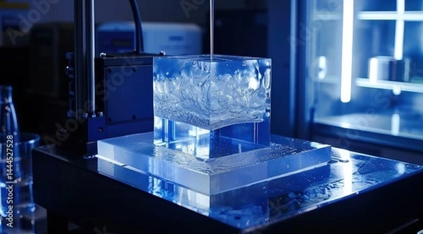 Fototapeta High-tech laboratory scene showcasing a clear cube with swirling liquid in a modern setup