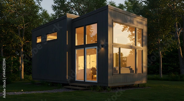 Obraz Modern Minimalist Cabin Surrounded By Trees In Evening Light