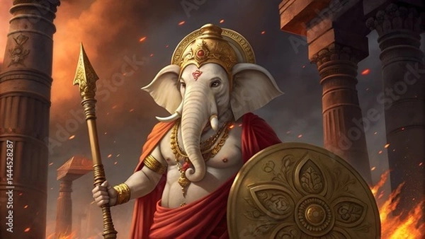 Fototapeta Ganesha depicted as a divine warrior, adorned in gold-plated armor with sacred engravings, holding a large mace and a shield inscribed with mantras.