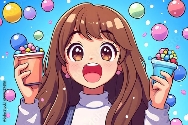Obraz Anime girl with bubble drinks