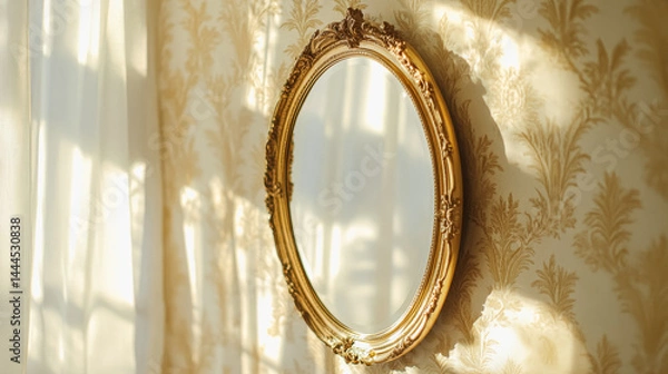 Fototapeta Elegant rococo style mirror with ornate frame in sunlit room decor