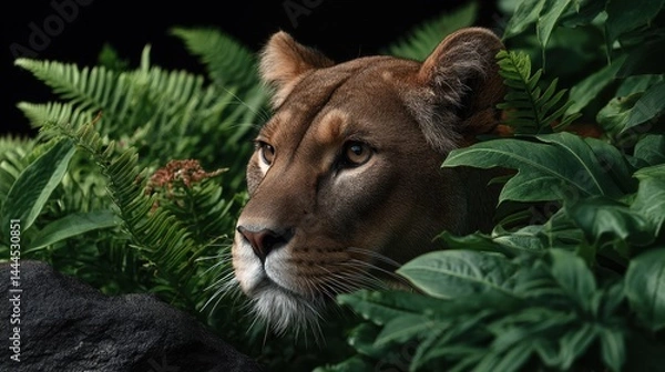 Obraz Majestic lioness concealed within lush foliage.