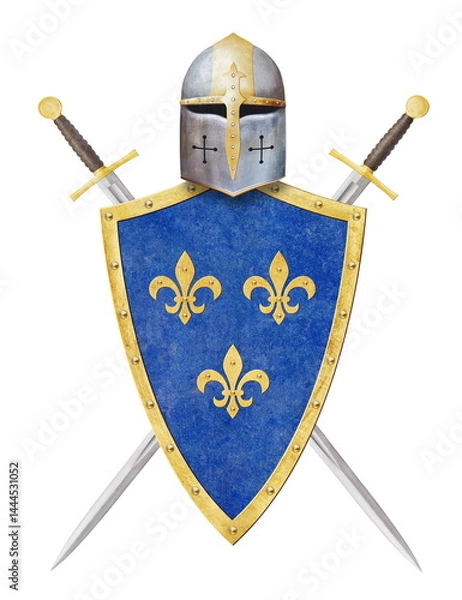 Fototapeta knight's helmet blue shield and two swords isolated on white