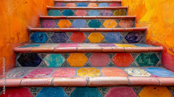 Obraz A captivating image showcases a staircase adorned with colorful hexagonal tiles, set against a vibrant orange wall. The worn, textured tiles add character and depth.