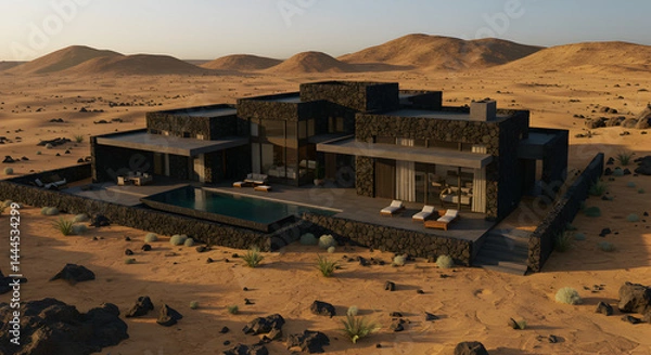 Obraz Modern Desert Oasis Luxurious Home Architecture Against Sand Dunes