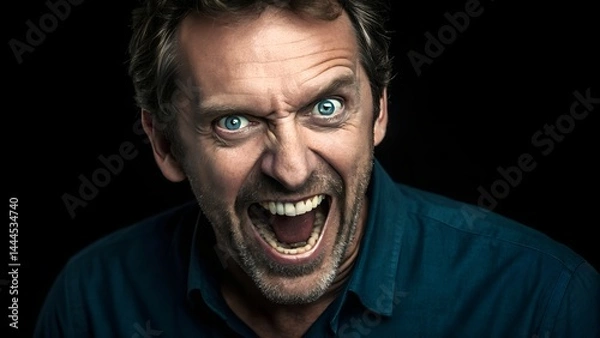 Fototapeta Close-up portrait of a man with an intense and menacing expression, showing anger and emotion, isolated on a black background.