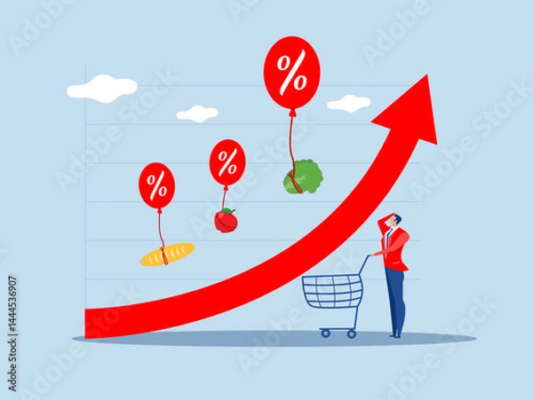 Fototapeta Inflation rises due to growth in monetary value. Food price inflation.impact on economic growth.consumer goods float in hot air balloons. vector illustration.