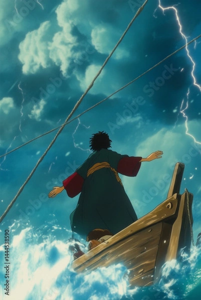 Obraz Cartoon : A highly detailed and realistic image of Jesus standing in a small wooden fishing boat during a violent storm at sea. 