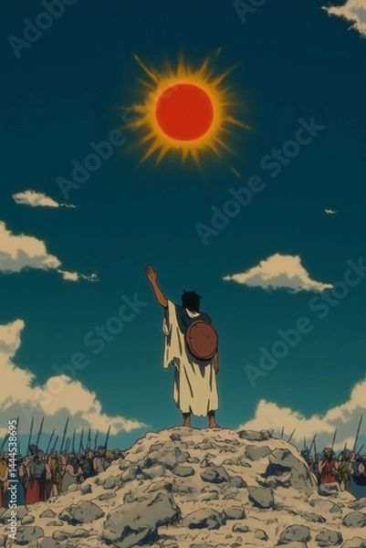 Obraz Joshua, standing atop a rocky hill, raises his hand toward the sky and commands the sun and moon to stop. 