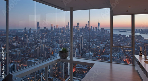 Obraz Panoramic City View From High-Rise Apartment At Dusk Or Sunset