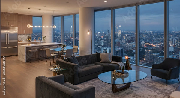 Obraz Luxury Apartment Interior Design With City Skyline Evening View Panorama
