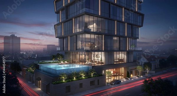 Obraz Luxury Residential Building With Rooftop Pool At Dusk Skyline