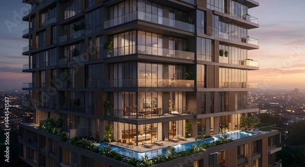 Obraz Modern Luxury Apartment Building With Balcony Pool At Dusk