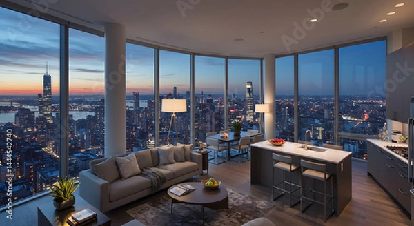 Obraz Luxury Cityscape Apartment At Dusk With Panoramic View And Modern Interior
