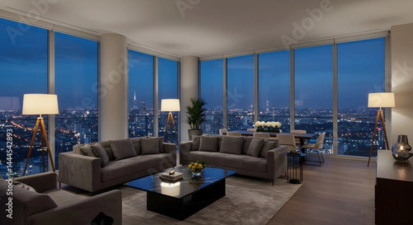 Obraz Luxury Apartment With Captivating Cityscape Twilight Panorama From Floor To Ceiling Windows