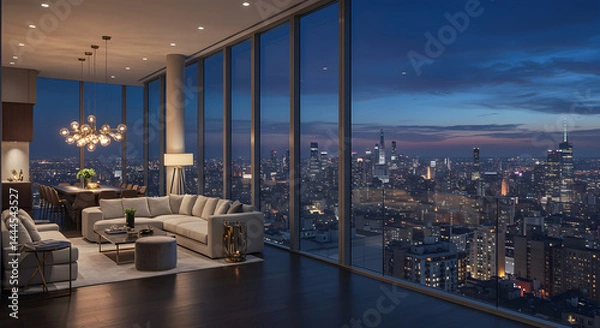 Obraz Luxury Apartment With Skyline Views At Dusk In A High-rise Building