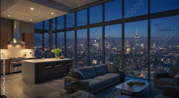 Obraz Luxury Penthouse At Night With Striking City Skyline View