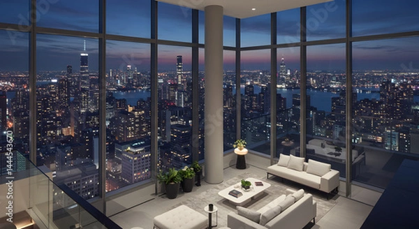 Obraz Nighttime Cityscape Viewed From Ultra-Modern Luxury Apartment Interior