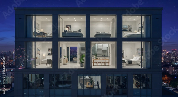 Obraz Modern Apartment Building With Illuminated Interiors At Twilight Panorama City