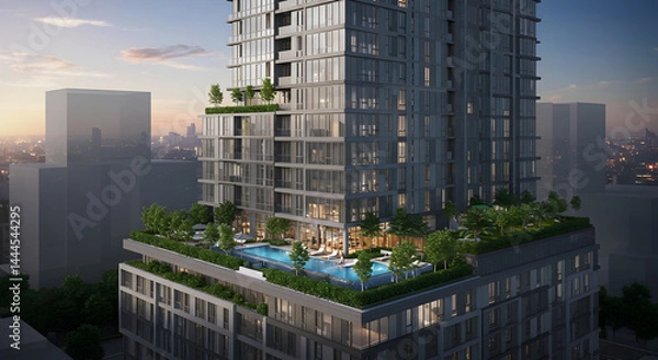 Obraz Urban Oasis Luxury Apartment Building With Rooftop Pool At Sunset