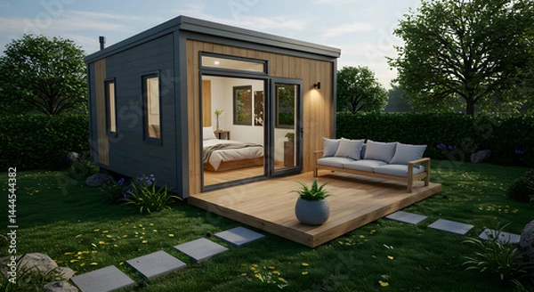 Obraz Contemporary Prefab Home With Patio In Lush Green Backyard Setting