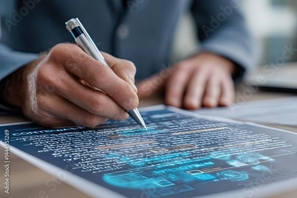 Fototapeta Corporate lawyer reviewing contract with AI compliance checker and layered document annotations, copy space, high quality