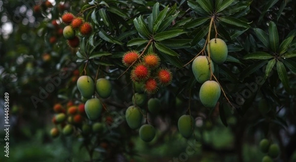 Fototapeta Mango tree with ripe and unripe fruits in natural setting