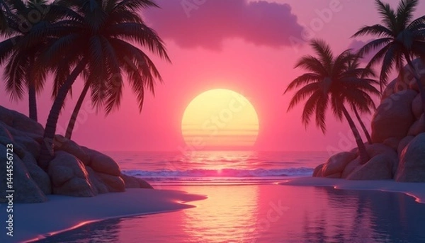 Fototapeta 3d sunset on the beach. Retro palms sci fi background with ocean. Sun reflection in water. Futuristic landscape 1980s style. Digital landscape cyber surface. 80s party background.