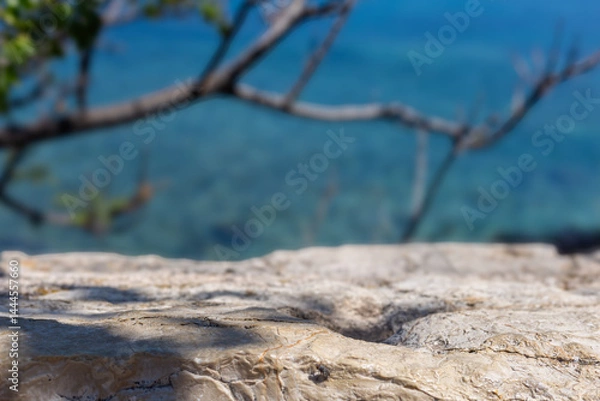 Obraz Summer copy space with blue sky and sea blurred backdrop. Tropical summer vacation product placement podium. Stone empty template with leaves shadows and soft sunlight summer cozy warm mock up.