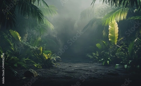 Obraz Dense jungle path shrouded in mist Lush foliage and palm trees line a dark, earthy pathway  Soft light filters through the dense canopy