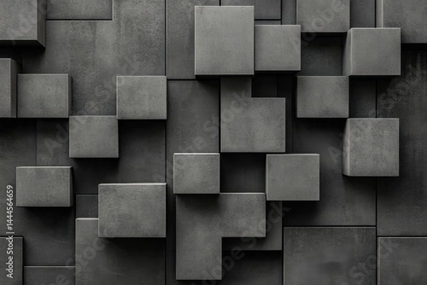 Fototapeta Abstract geometric composition of gray concrete cubes arranged in a modern art style, Abstract geometric composition of gray concrete cubes on a black background