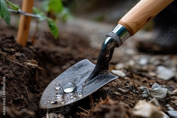 Fototapeta A detailed shot of a shovel resting in rich soil, with droplets of water showcasing the beauty of gardening, highlighting the bond between humans and nature.
