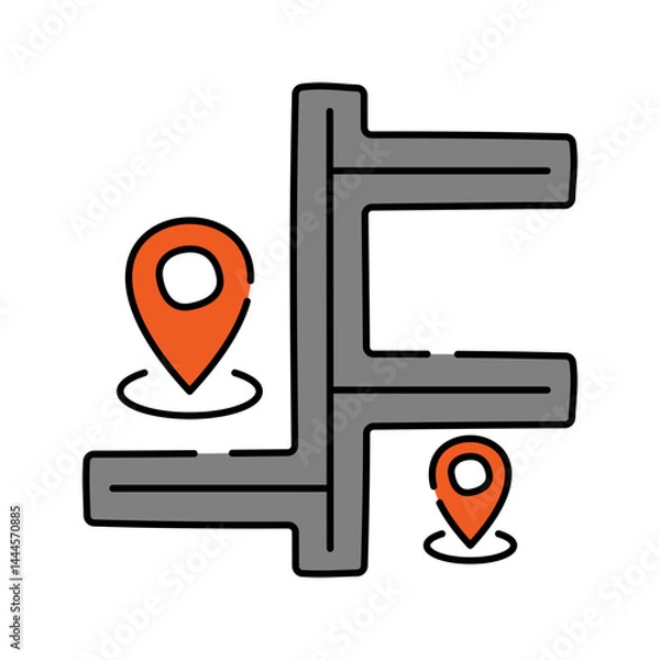 Fototapeta Route Map Handdrawn style, grey and orange abstract street layout with location pins, great for GPS navigation travel apps and direction icons