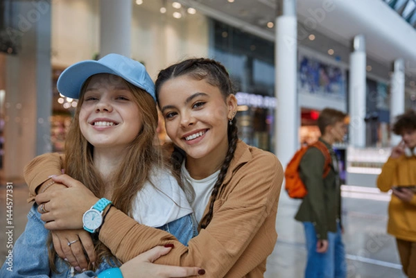 Obraz Happy teenage girls friends hugging while posing over shopping center
