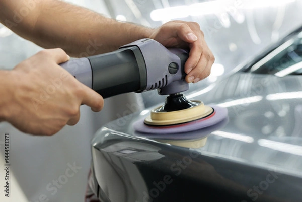 Fototapeta Car detailing - Man with orbital polisher in repair shop polishing car.
