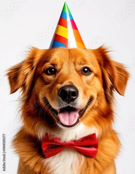 Fototapeta dog in bow tie and party hat. funny card with cute animal.