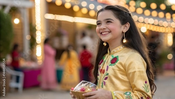 Fototapeta Garangao Festival, a close-up of a young girl dressed in a gold jalabiya with traditional Qatari embroidery, holding a cloth bag filled with nuts and sweets, smiling joyfully.